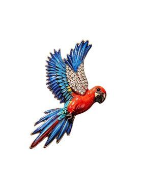 Colorful Enamel Parrot Brooch Pin With Crystal Detailing Gold Tone